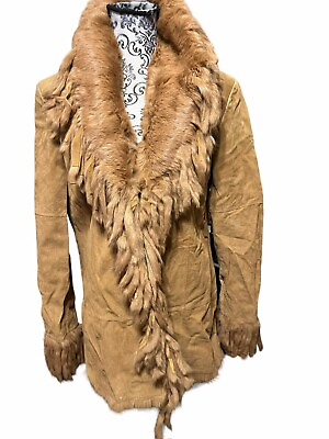 #ad Lew Magram Collections Tan Suede With Faux Fur Fringe Coat Women’s Size Large $129.99
