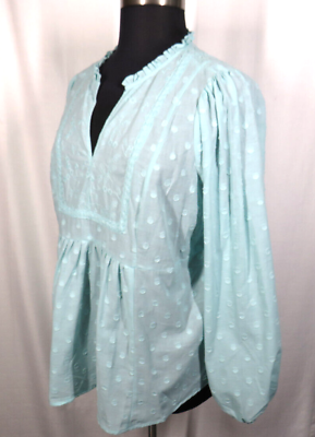 #ad Torrid Plus 2X 18 20 Aqua Cotton Clip Dot Ruffled Lace Trimmed Long Sleeve Top $29.99
