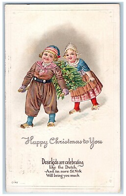 #ad 1915 Christmas Dutch Kids Carrying Holly Berries Embossed Waltham MA Postcard $9.98