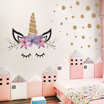 #ad 3D Cartoon Golden Dot Unicorn Wall Sticker Kids Room Bedroom Wall Decoration $7.26
