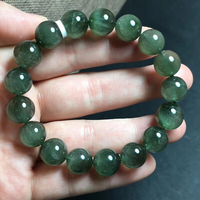 #ad 11.4mm Natural Green Hair Rutilated Crystal Round Beads Sphere Bracelet $234.00