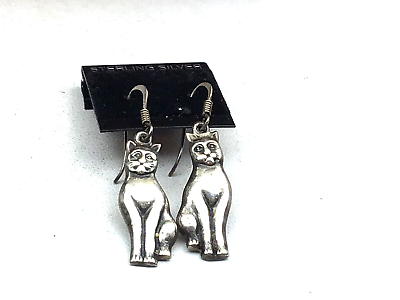 #ad Vintage Sterling Earrings 925 Silver Kitty Cat Feline Detailed Pierced Drop $22.00