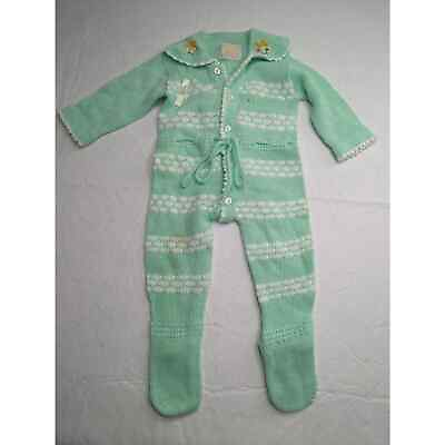 #ad Vintage Hand Embroidered Knit Baby Coveralls Green Striped 1950s $14.49