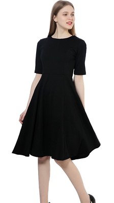 #ad *NEW Woman#x27;s Black Half Sleeve A Line Flattering Back Zip Black Dress Size Small $10.48