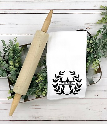 #ad Personalized Kitchen Towel with Laurel Wreath and Family Name Monogram $12.99