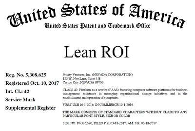 #ad Registered Trademark for sale USPTO quot;Lean ROIquot; Supplemental $1000.00