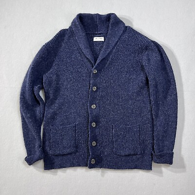 #ad Line of Trade Sweater Men L 100% Shetland Wool Blue Cardigan Knit Shawl Collar $34.99