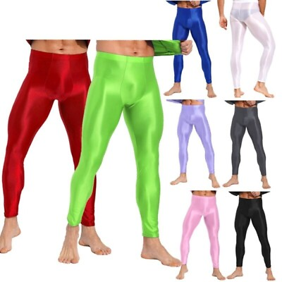 #ad US Men#x27;s Glossy Stretchy Baselayer Solid Color Skinny Yoga Pants Running Tights $11.91