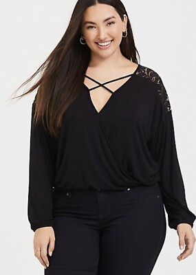 #ad Torrid BLACK STRAPPY LONG SLEEVE SURPLICE TOP size 1 14 16 X Large NWT $46.95