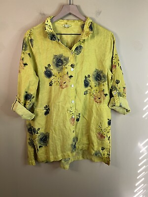 #ad B59 John Mark Shirt Womens Large Yellow Green Blend Linen Floral Button Up #x27; $25.00