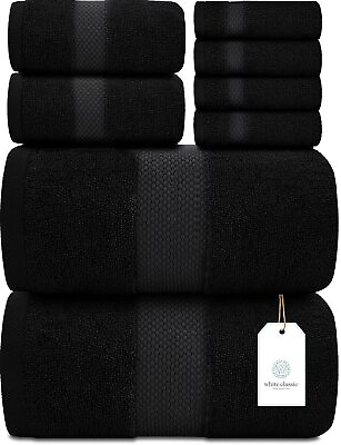 #ad White Classic Luxury Black Bath Towel Set Combed Cotton Hotel Quality Absor... $58.32