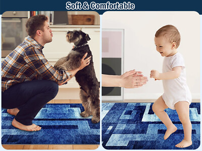 #ad Runner Rug Hallway Non Slip Rubber Back Custom Size as Carpet Doormat Blue $441.38