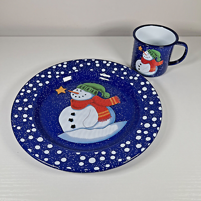 #ad Vintage Gooseberry Patch Blue Enamel Plate amp; Mug Winter Christmas Snowman Design $11.01
