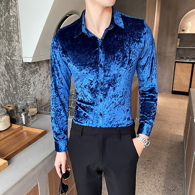 #ad Mens Fashion Velvet Long Sleeve Dress Shirt Casual Buttons Front Tops Plus Size $36.44