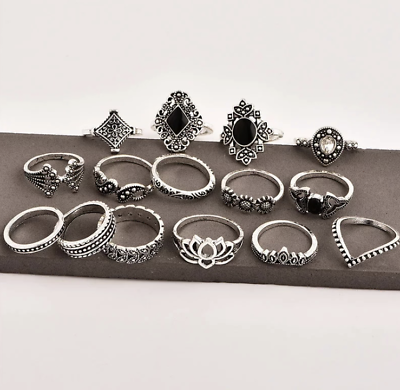 #ad Women#x27;s Fashion Jewelry Vintage Bohemian 15 Ring Set Silver Gothic 83 1 $10.34