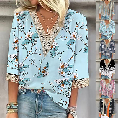 #ad Boho Women Floral Printed V Neck Summer T Shirt Ladies Casual Blouses Top Tees $20.79