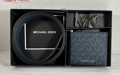 #ad Michael Kors Men#x27;s BELTamp; Wallet Gift Set Reversible Blue Signature MK Leather $79.98