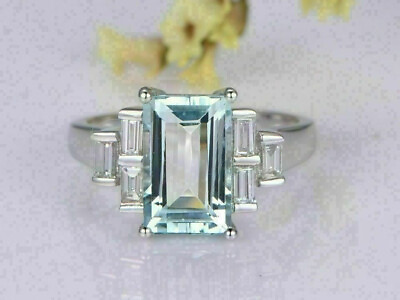 #ad 3Ct Emerald Cut Aquamarine Diamond Solitaire Engagement Ring 14K White Gold Ove $34.50