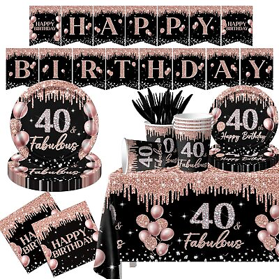 #ad 40th Birthday Tableware Decorations for Women142Pcs Happy 40th Black Rose Gol... $35.40