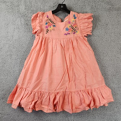 #ad Peek Kids Metallic Striped Embroidered Dress Girls 10 Peach Back Button Closure $14.11