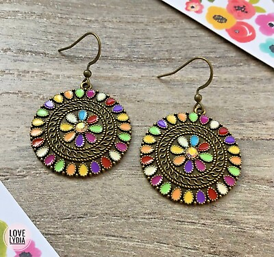 #ad NEW Pink Green Red Circus Carnival Festival Boho Bohemian Hippy Round Earrings GBP 12.99