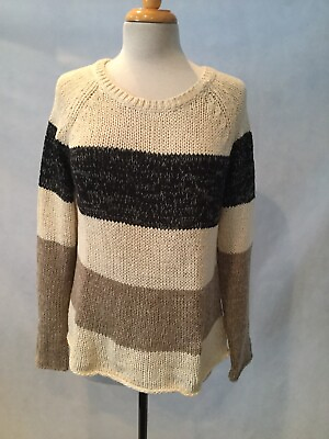 #ad 360 Sweater Ladies Cotton Colorblock Semi Chunky Pullover Cream Black Tan Medium $45.00