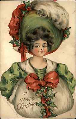 #ad Christmas Fancy Pretty Little Girl Big Hat Ernest Nister #734 c1910 Postcard $6.63