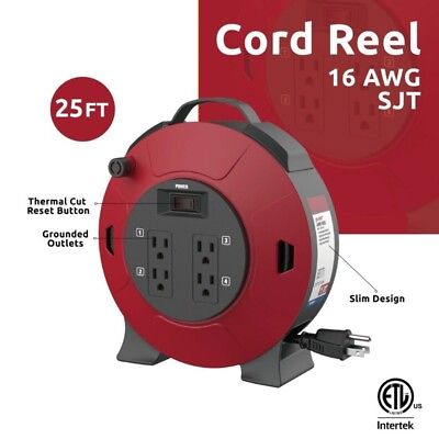 #ad 25 Ft. Retractable Extension Cord Reel With 4 Outlets Multi Plug Extension $17.96
