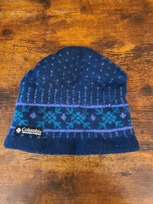 #ad Columbia Ribbed Knit Beanie Blue And Purple Snowflake Fleece Lined Hat $15.99