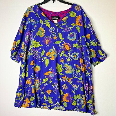 #ad Carole Little II 100% Rayon Size 16 Periwinkle Blue Floral V Neck Tunic Top $49.00