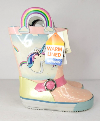 #ad NEW Rainbow Unicorn Kids Lined Rain Boots Size 7 Handles C $19.88