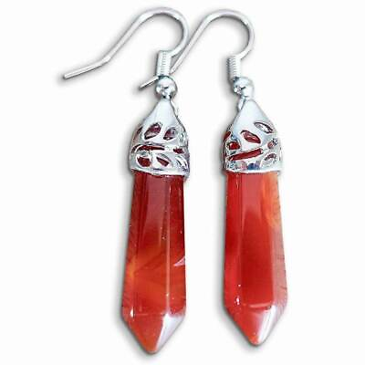 #ad Red Agate Gemstone Silver Earrings Single Point Stone $13.94