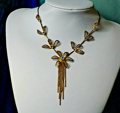 #ad Vintage Gold Metal Crystal Flower Necklace Pendant 1980#x27; GBP 103.00