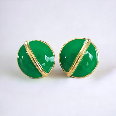 #ad Monet Green Enamel Gold Accent Round Clip On Earrings Signed $12.00