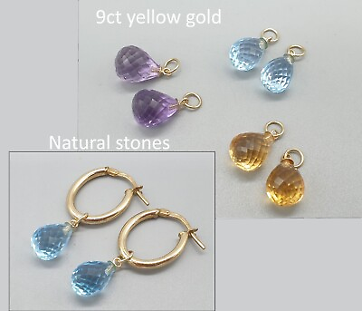 #ad 9ct Gold Natural Drop Gemstone Pendant Citrine Blue Topaz Hooplet Earring Charms GBP 57.60