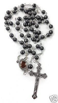 #ad Hematite Rosary Black Stone Beads Necklace Jerusalem Holy Soil Cross $13.52