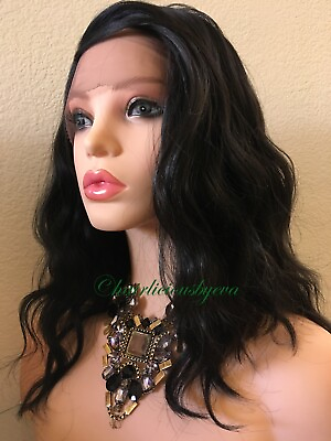 #ad Black Wig 14 Inch Long Medium Length Side Part Lace Front Wavy Layered Heat Ok $48.00