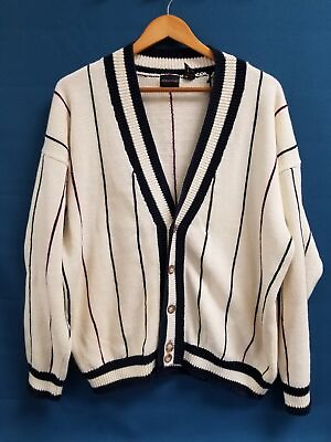 #ad Vintage STRUCTURE Men#x27;s Size L Cream Black Stripe Knit Cardigan Sweater $29.99