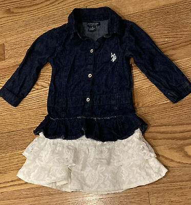 #ad Size 4 Girls Denim Dress US Polo Assn Lace Ruffle Logo Long Sleeve $15.99