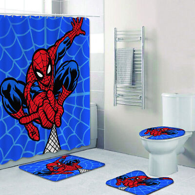 #ad Spider man Bathroom Set 4PCS Shower Curtain Floor Mat Non Slip Toilet Lid Cover $46.43