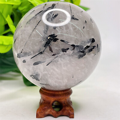#ad 74.4MM 582g Natural Black Tourmaline Sphere Ball Quartz Crystal Healing Stand $76.99