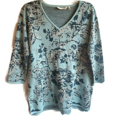 #ad Soft Surroundings Sweater Womens Split Hem V Neck Blue Floral 3 4 Sleeve S $19.49