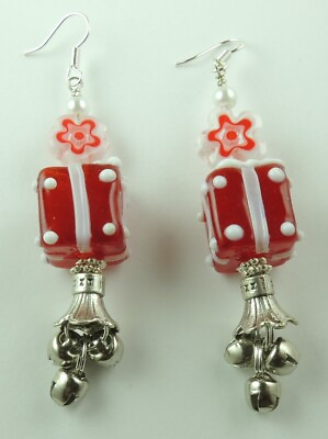 #ad CHRISTMAS Red Gift Box Lampwork Earrings with Bells Handmade $7.99