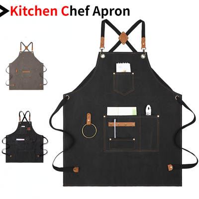 #ad Kitchen Chef Apron with 3 Pockets Cross Back Adjustable Bib for Cooking Black $9.99