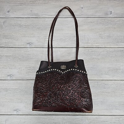 #ad Montana Silversmiths Leather Vintage Bag Brown Hand Tooled Rhinestones $18.81