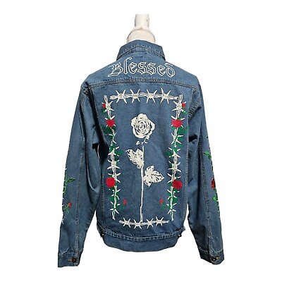 #ad Trademark Brooklyn Cloth Jean Jacket M Blue Embroidered Streetwear Roses Blessed $50.39