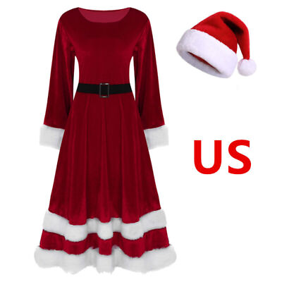 #ad US Women Christmas Costume Dress Santa Claus Costume Mrs Claus Costume with Hat $27.13