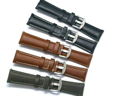 #ad 22mm Black Brown Grey Leather Replacement Men Watch Strap Silver Tone Buckle $10.40