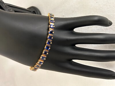 #ad Princess Sapphire 925 Silver Gold Plated Tennis Bracelet $125.00