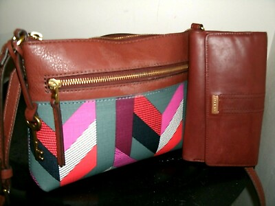#ad Fossil Lovely Fiona Multi Color w Tan Trim Crossbody with Tan Fossil Wallet EUC $35.99